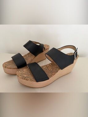 Original Sydney Brown vegan Black Platform Cork Wedge Sandals